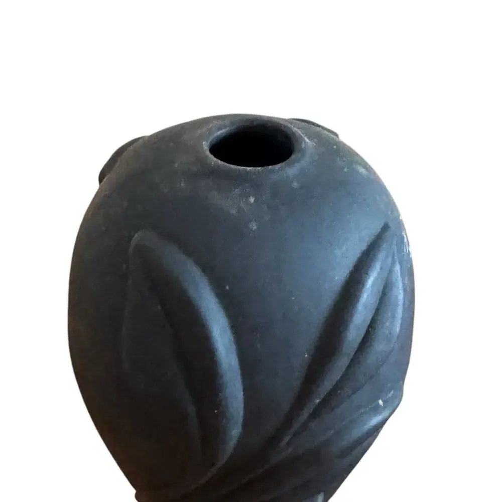 Vintage Black Satin Glass Vase Two's Company Hand Blown Leaf Embossed MCM Decor